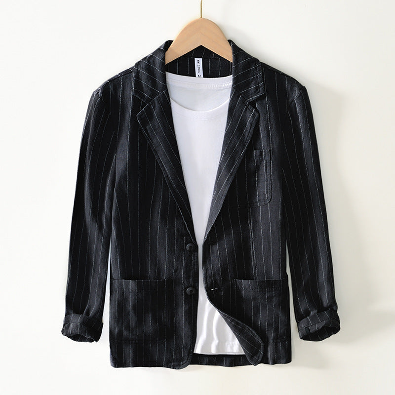 Spring And Autumn Vintage Stripe Loose Ramie Suit