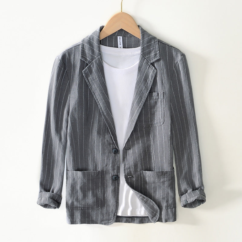 Spring And Autumn Vintage Stripe Loose Ramie Suit