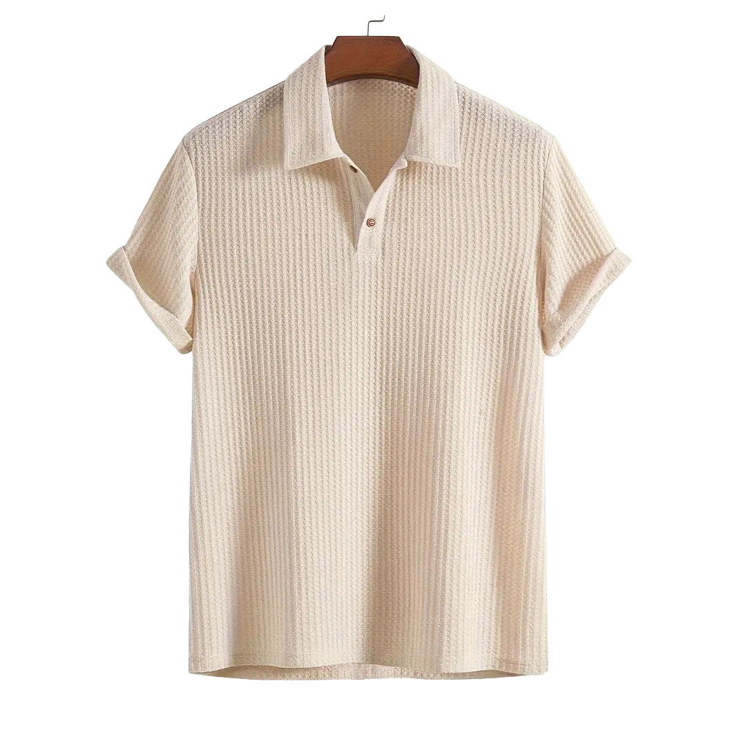 Men's Coat Lapel Rhombus Knit Casual Loose Short Sleeve Shirt