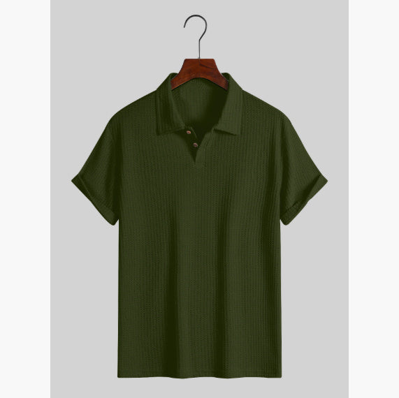 Men's Coat Lapel Rhombus Knit Casual Loose Short Sleeve Shirt