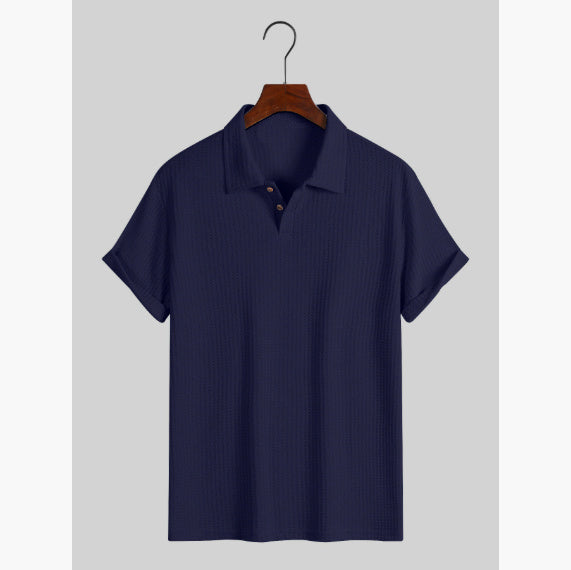 Men's Coat Lapel Rhombus Knit Casual Loose Short Sleeve Shirt